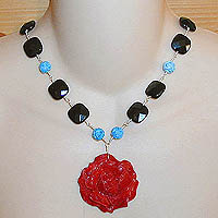 Red Bone Rose Necklace with Turquoise & Black Onyx