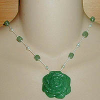 Green Aventurine Rose Necklace with Green Aventurine & Pearls