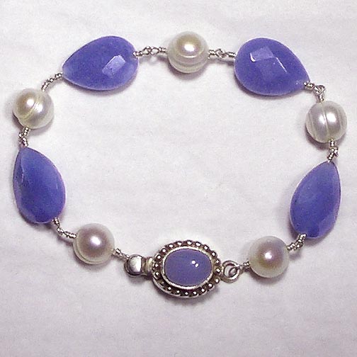 Blue Quartz & Pearl Bracelet with Chalcedony Clasp