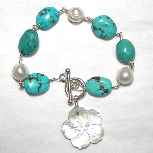 MOP Flower Charm Bracelet with Turquoise & Pearl