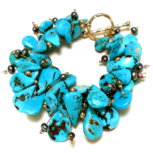 Turquoise, Black Pearl, & Gold Cluster Bracelet