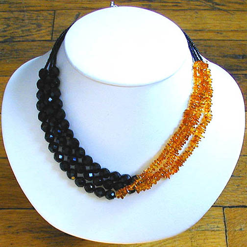 Black Onyx & Amber 3 Strand Necklace