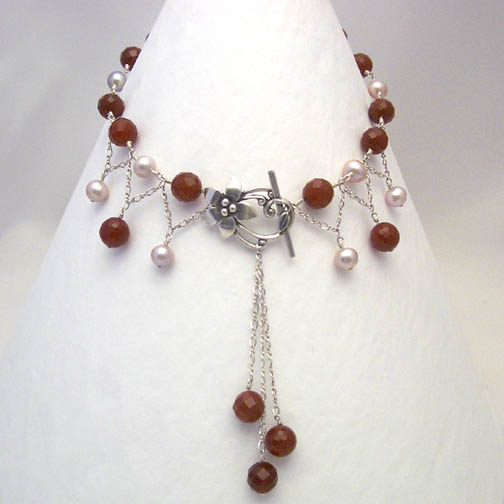 Carnelian & Pink Grey Pearls Drop Necklace