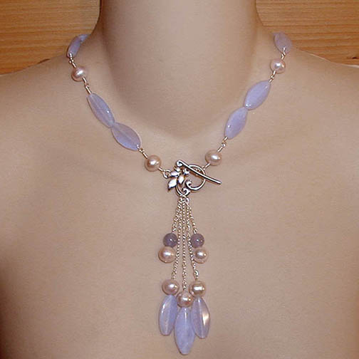 Chalcedony & Pink Grey Pearl Drop Necklace
