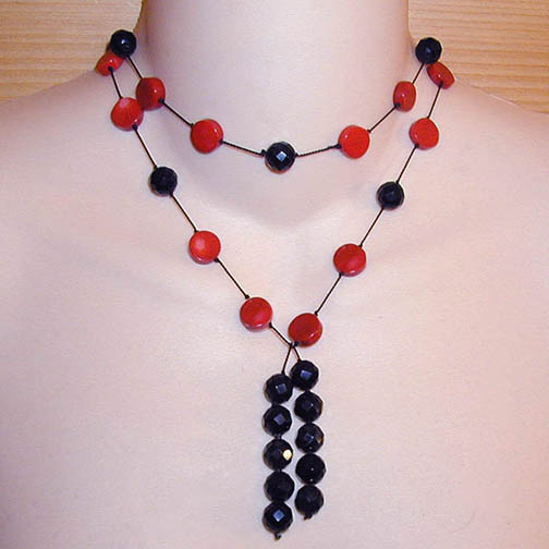 Coral & Black Onyx Lariat Drop Necklace / Belt