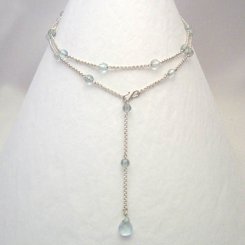 Aqua Quartz & Sterling Silver Chain Lariat Necklace