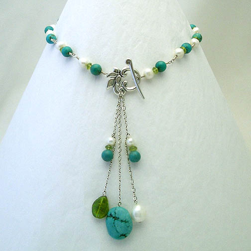 Turquoise, Peridot & Pearl Drop Necklace