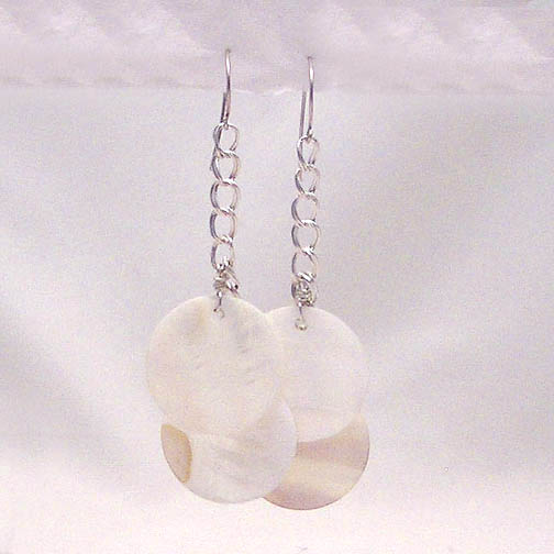 Mother Of Pearl Disks on Sterling Chain Earrings
