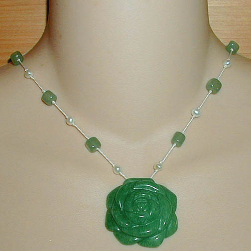 Green Aventurine Rose Necklace w/ Green Aventurine & Pearl