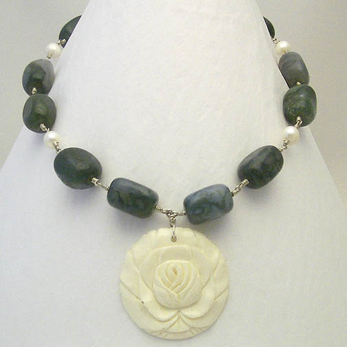 Ivory Bone Rose Necklace w/ Moss Agate & Pearl