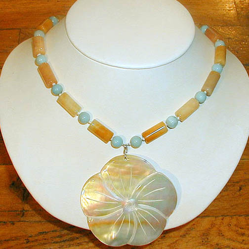 Cream MOP Flower Necklace w/ Yellow Jade & Amazonite