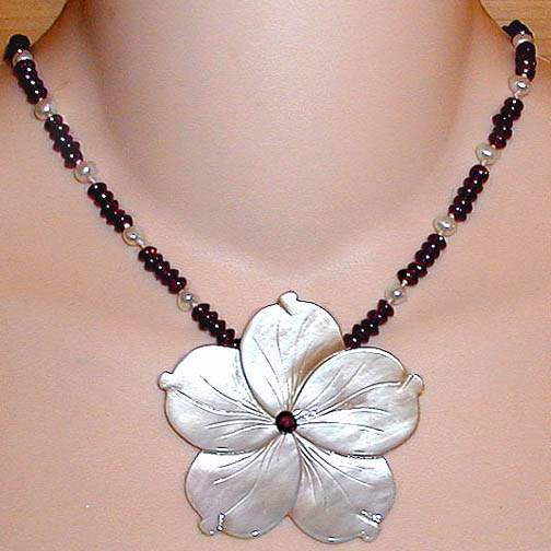 Blacklip MOP Flower Necklace w/ Garnet & Pearl