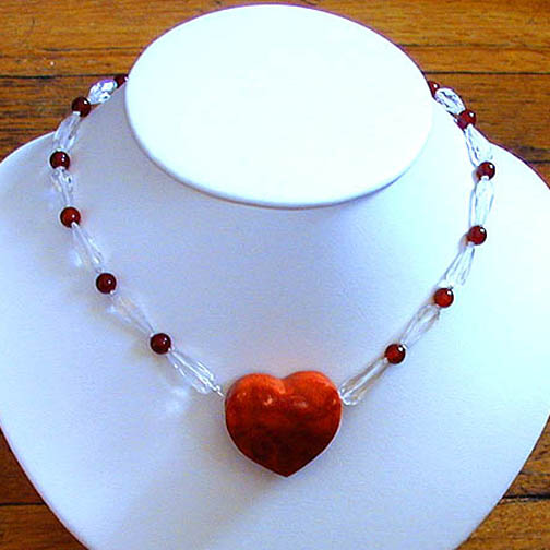 Coral Heart Necklace w/ Crystal Quartz & Carnelian