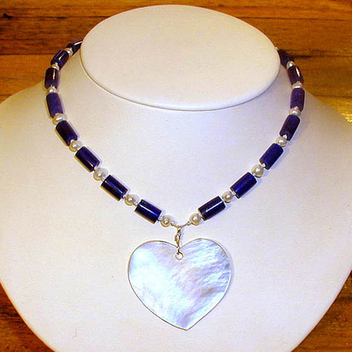 MOP Heart Necklace w/ Lapis Lazuli & Pearl