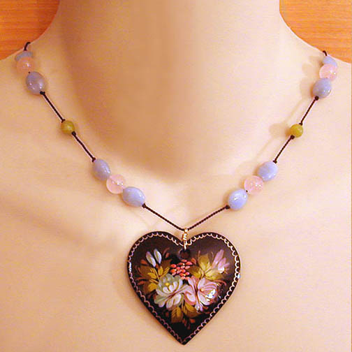 Painted Heart Necklace w/ Amazonite, Rose Quartz & Olive Jade