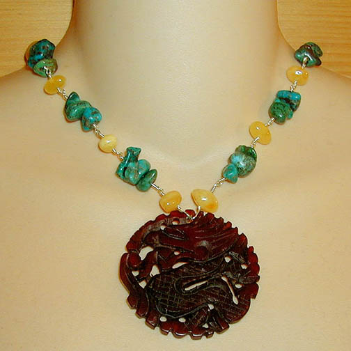 Jade Dragon Necklace w/ Amber & Turquoise