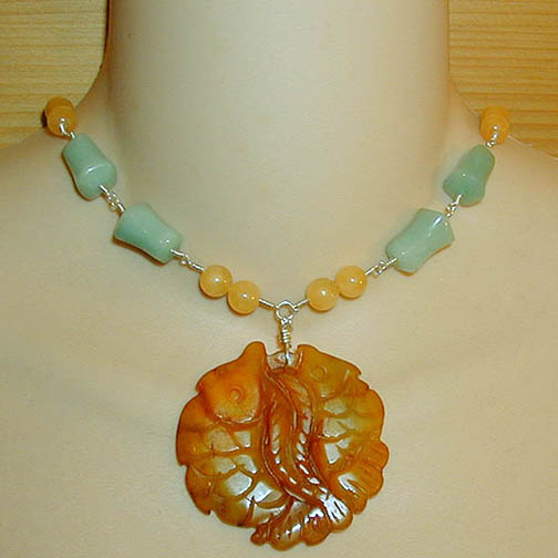 Jade Twin Fish Necklace w/ Yellow Jade & Green Aventurine