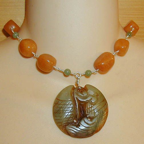 Jade Twin Fish Necklace w/ Red Aventurine & Fancy Jasper