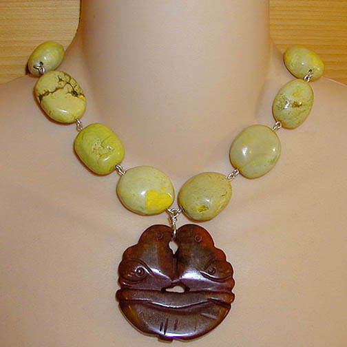 Jade Lovebird Necklace w/ Yellow Turquoise