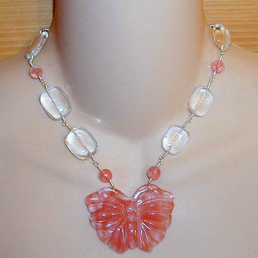 Cherry Quartz Butterfly Necklace w/ Cherry Quartz & Crystal Quartz