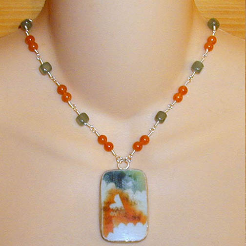 Ming Pottery Shard Necklace w/ Green Aventurine & Carnelian