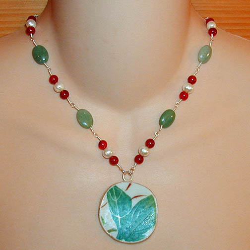 Ming Pottery Shard Necklace w/ Green Aventurine, Carnelian & Pearl