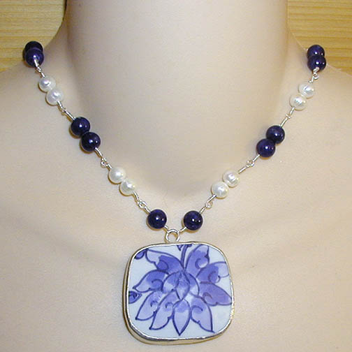 Pottery Shard Necklace w/ Lapis Lazuli & Pearl