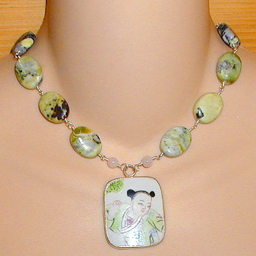 Ming Pottery Shard Necklace w/ Yellow Turquoise & Rose Quartz