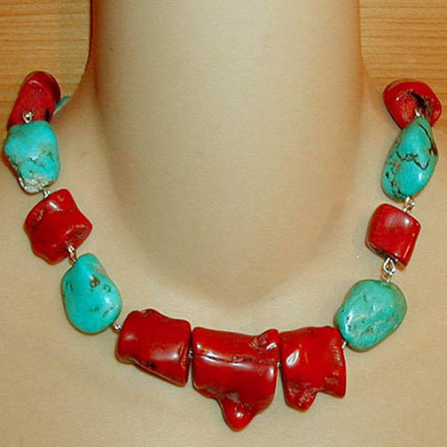 Coral Chunk Necklace w/ Turquoise & Coral Chunks