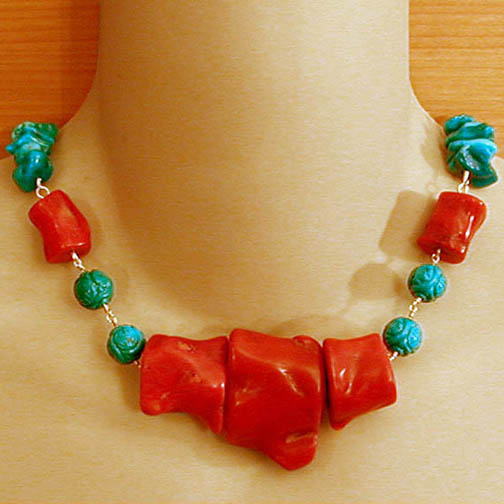 Coral Chunk Necklace w/ Carved Turquoise