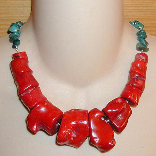 Coral Chunk Necklace & Turquoise Chips