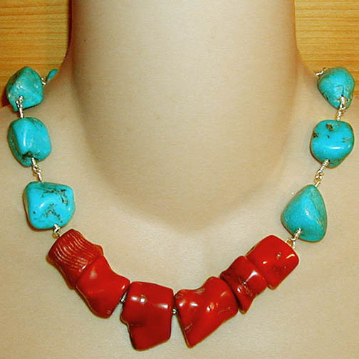 Coral Chunk Necklace w/ Turquoise Chunks