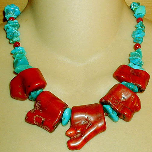 Coral Chunk Necklace w/ Sleeping Beauty Turquoise