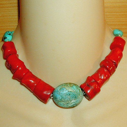 Turquoise Nugget Centerpiece Necklace w/ Coral Chunks