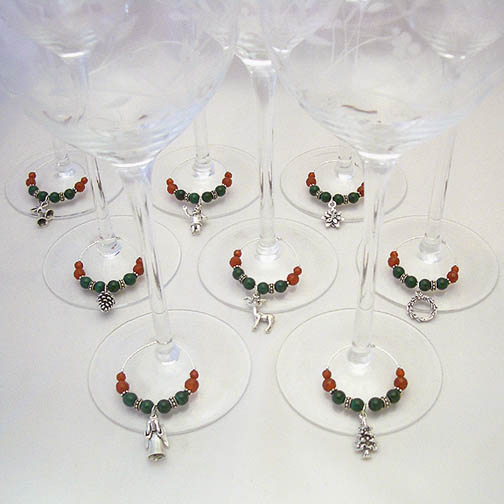 Silver Christmas Wine Charms w/ Malachite & Carnelian